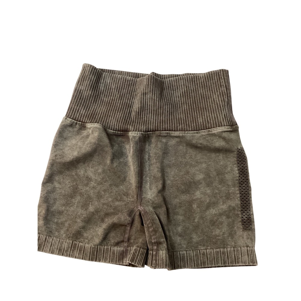 Zenana Mineral Wash Biker Shorts High Waisted Ribbed Seamless Brown L/XL